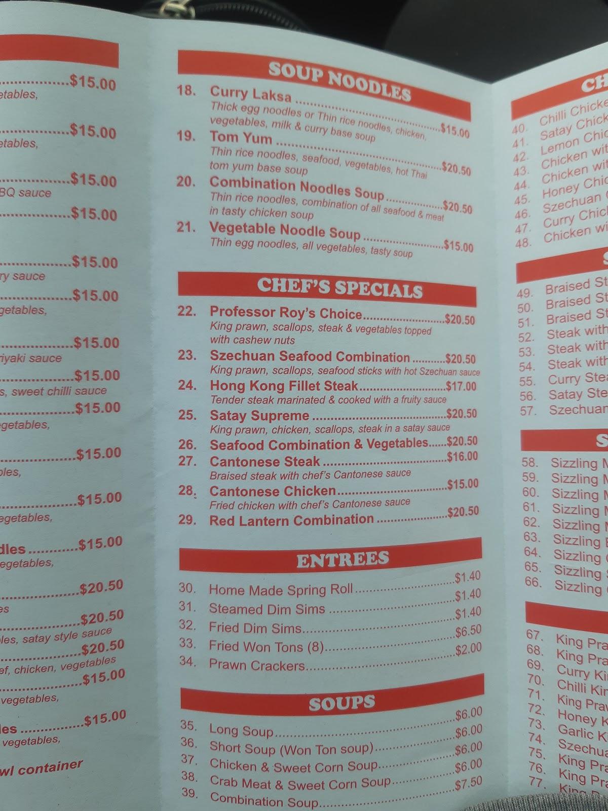 Menu at Red Lantern restaurant, Kyabram