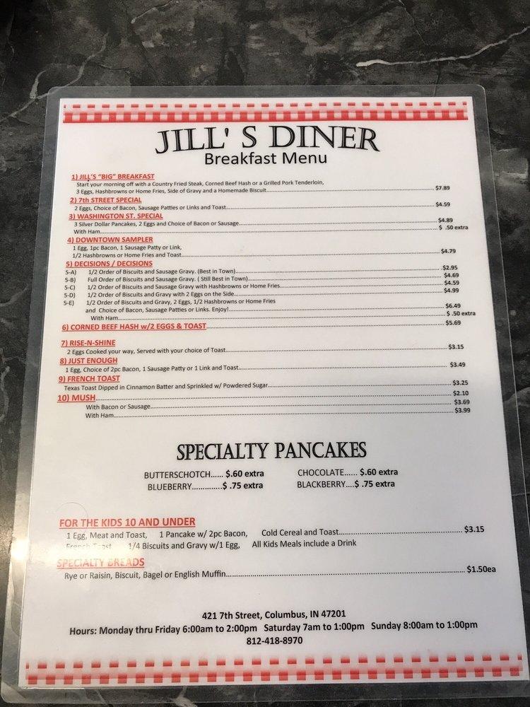 Menu at Jill's Diner restaurant, Columbus