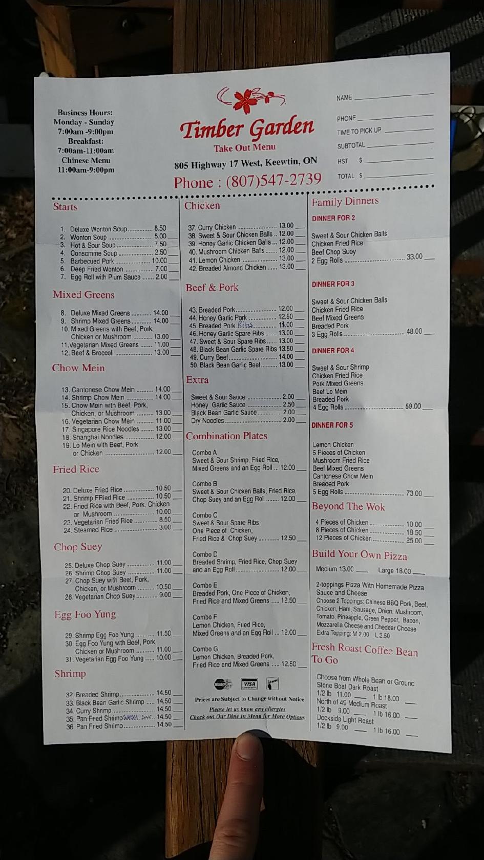 Menu at Timber Garden Chinese food restaurant, Kenora