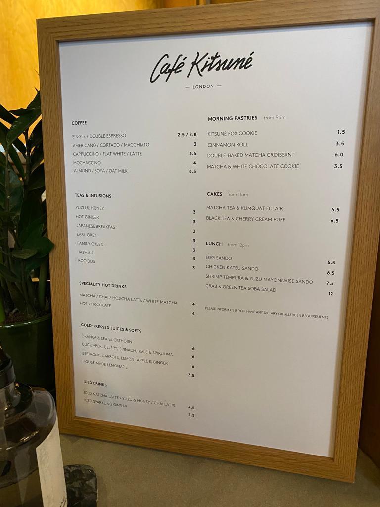 Menu at Café Kitsuné London cafe, London