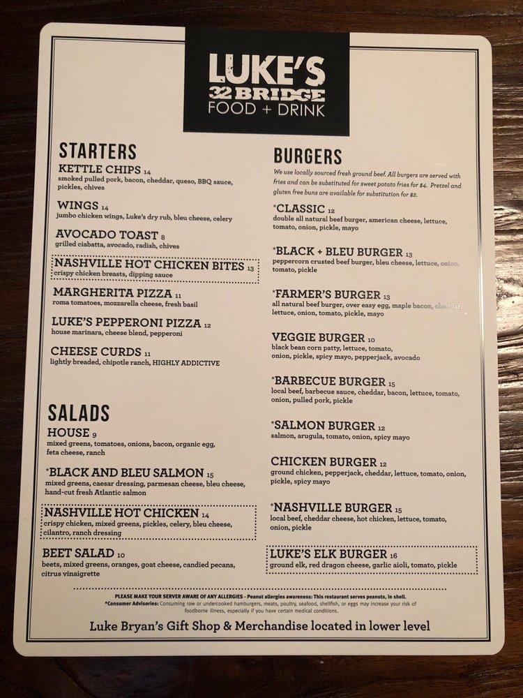 Menu at Luke's 32 Bridge restaurant, Nashville