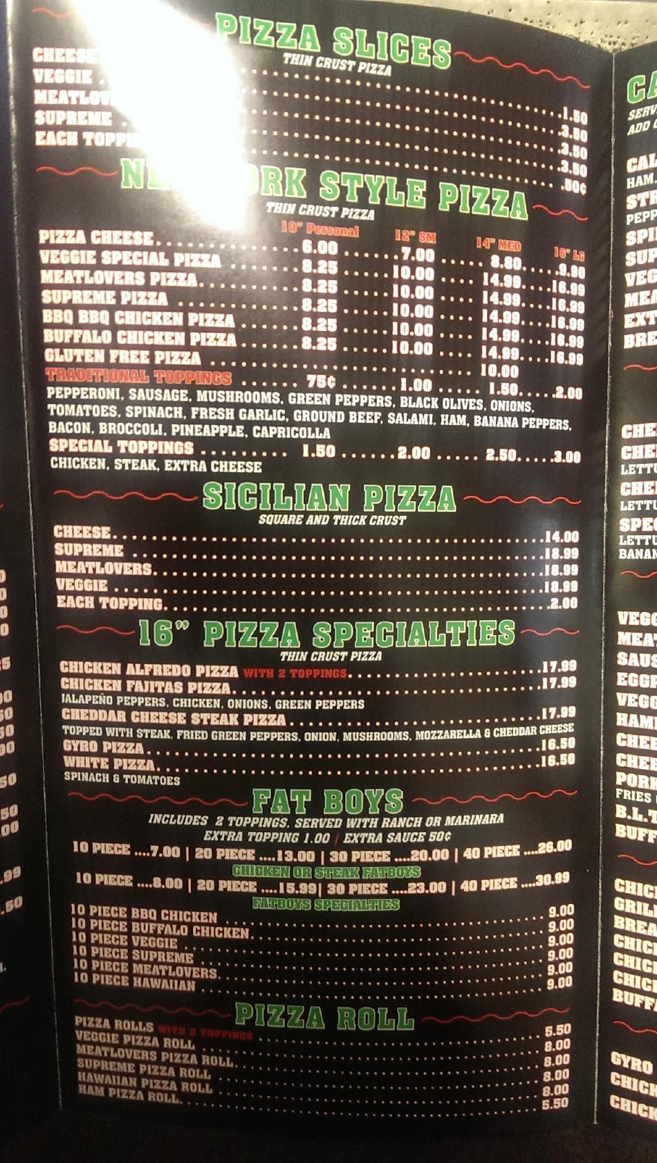 Menu at Pizza Bella pizzeria, Woodstock