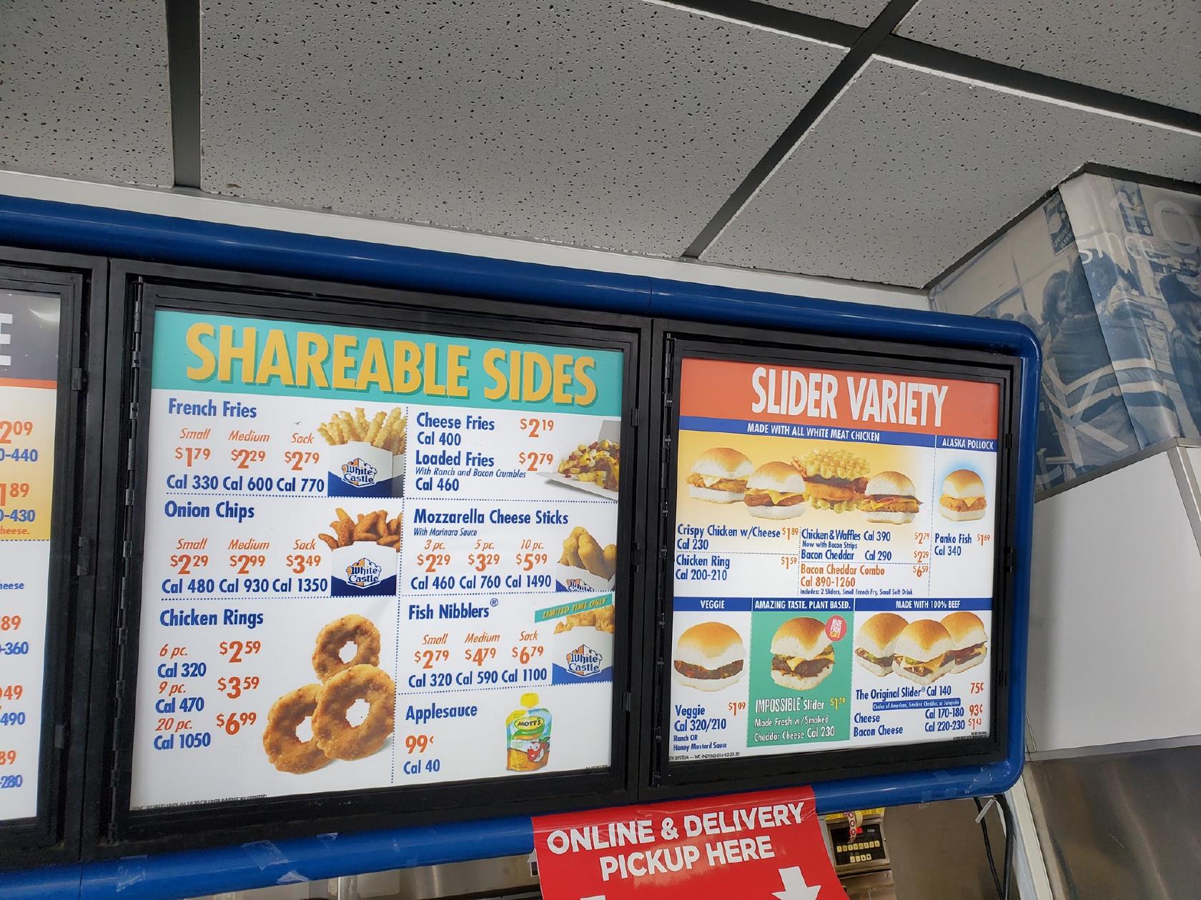 Menu at White Castle fast food, Speedway, Crawfordsville Rd