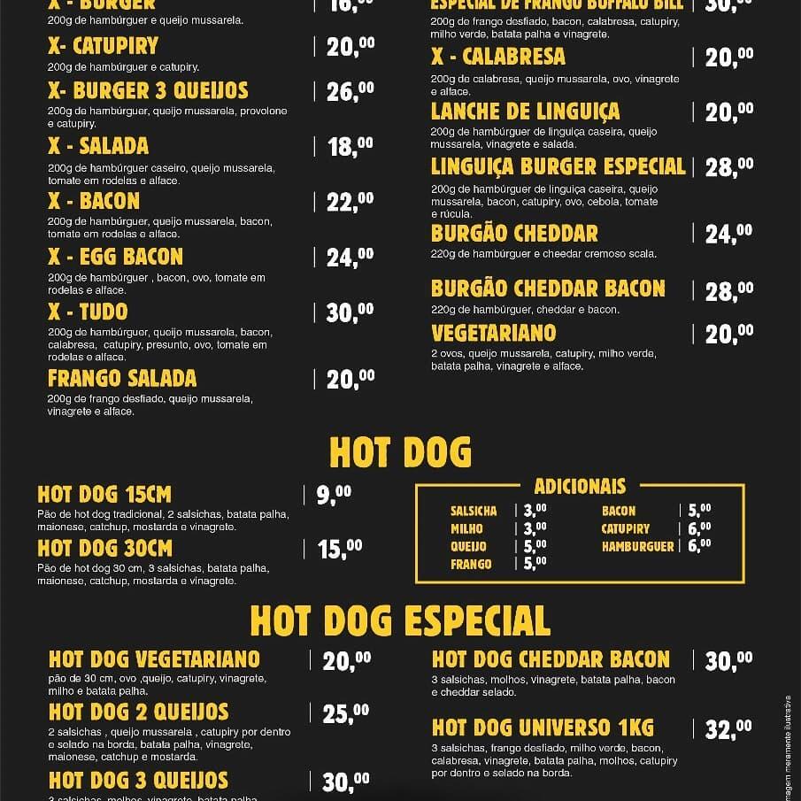 Menu at Buffalo Bill Burger restaurant, Piracicaba, Rua Dona Eugênia