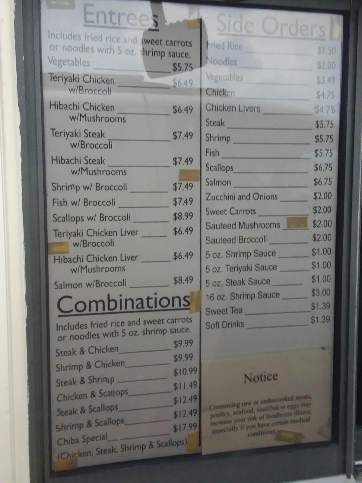 Menu at Chiba Japanese Restaurant, Rockingham