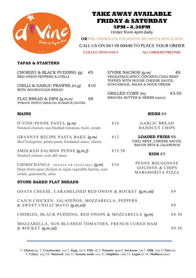 Menu at D'Vine Bistro & Tapas Bar, Drogheda