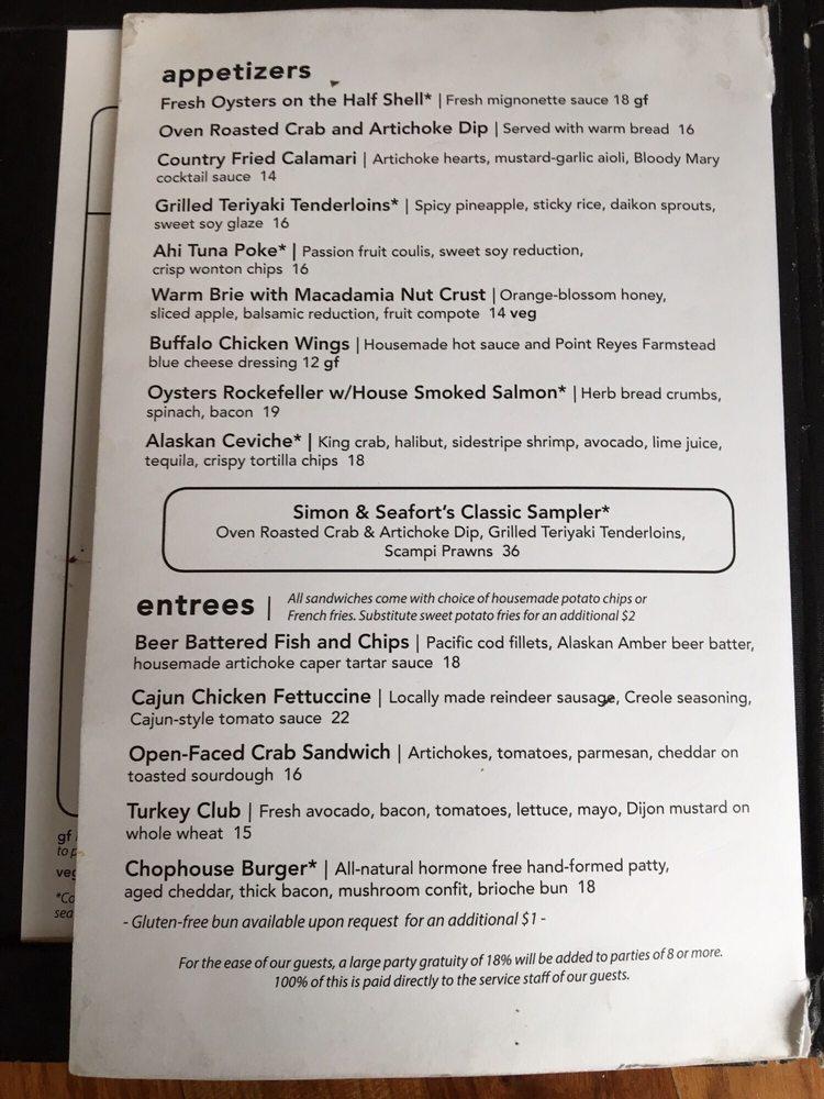 Menu at Simon & Seafort's Saloon & Grill steakhouse, Anchorage