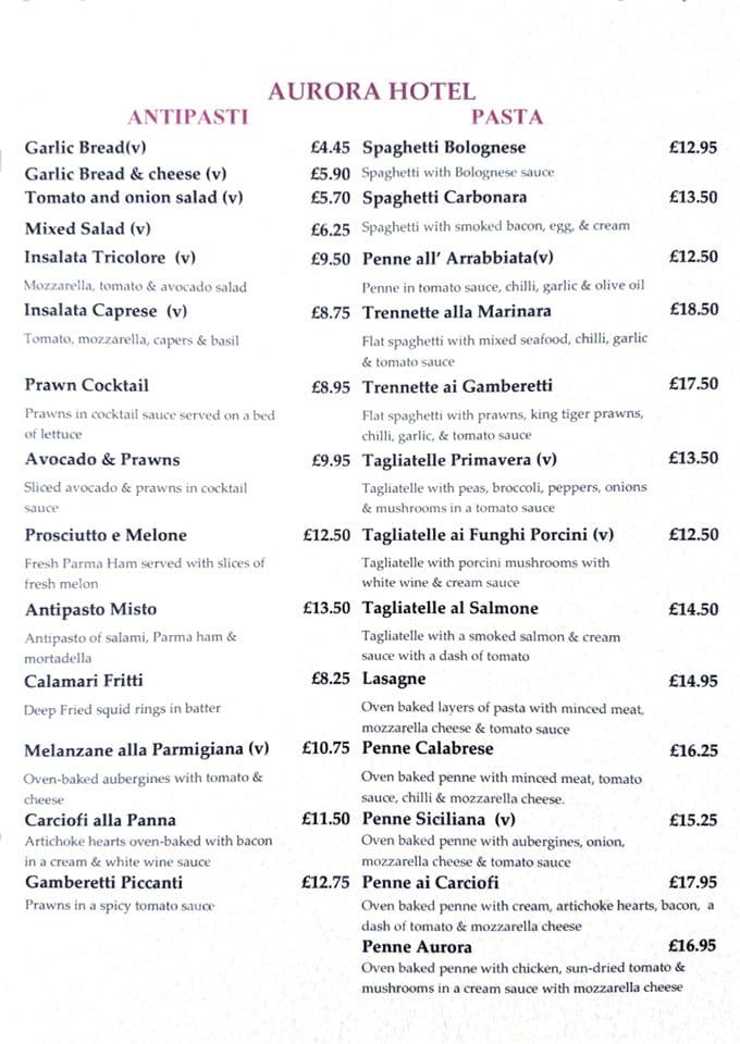 Menu at Aurora Hotel & Italian Restaurant, Nairn