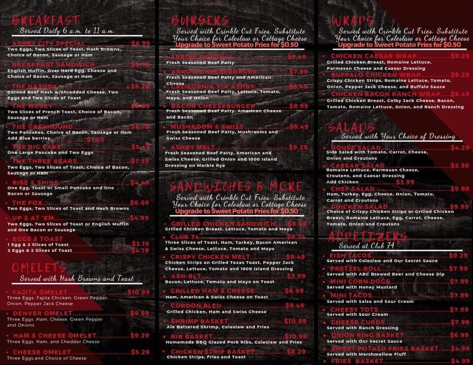 Menu at Club 74, Ashby