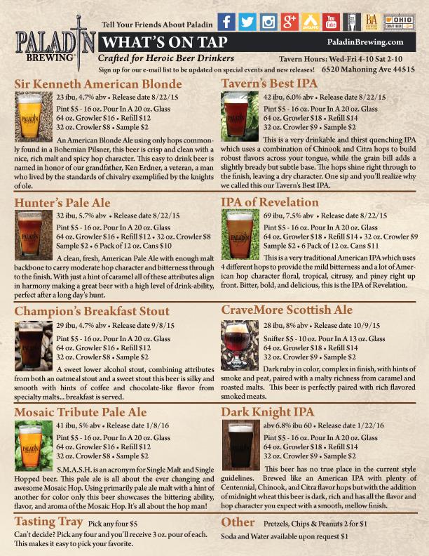 Menu at Paladin Brewing pub & bar, Austintown