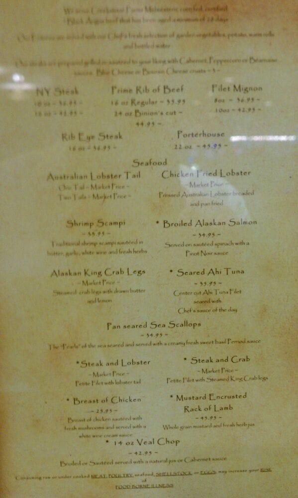 Menu at Top Of Binion's Steakhouse, Las Vegas