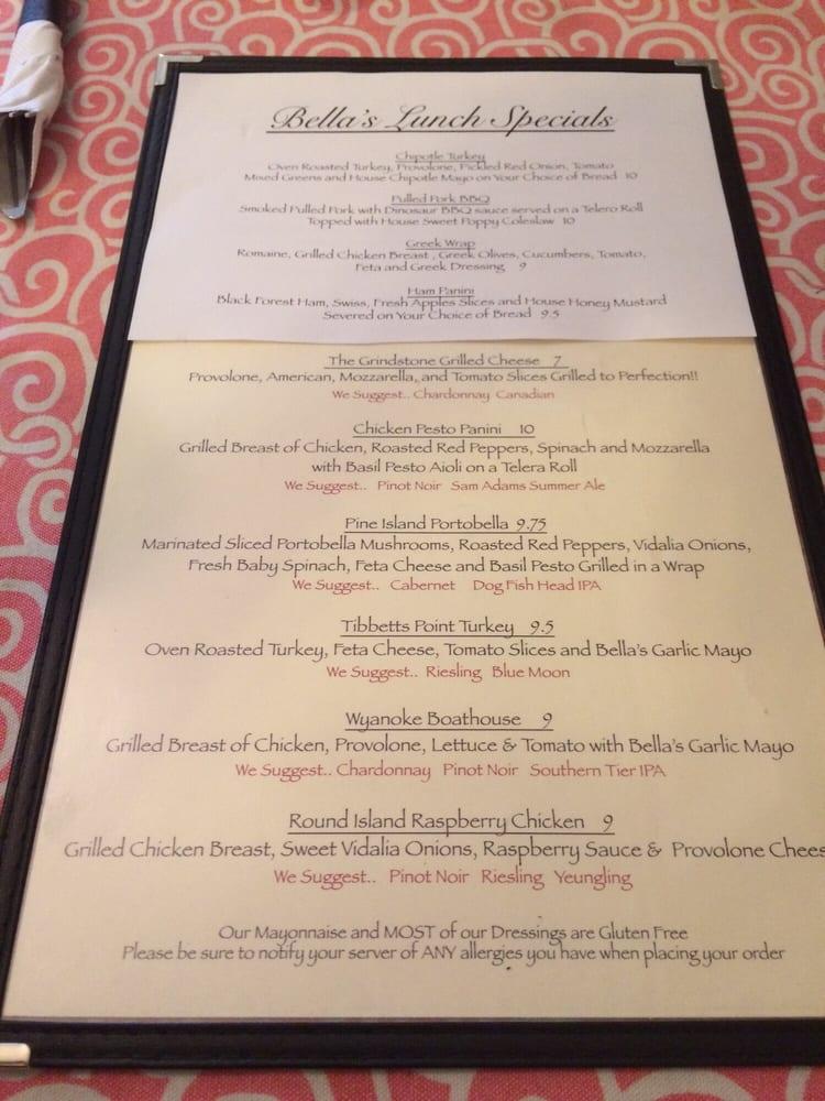 Menu at Bella's restaurant, Clayton