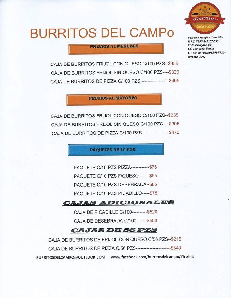 Menu at Burritos del Campo y Tortillas de Harina restaurant, Ciudad Camargo