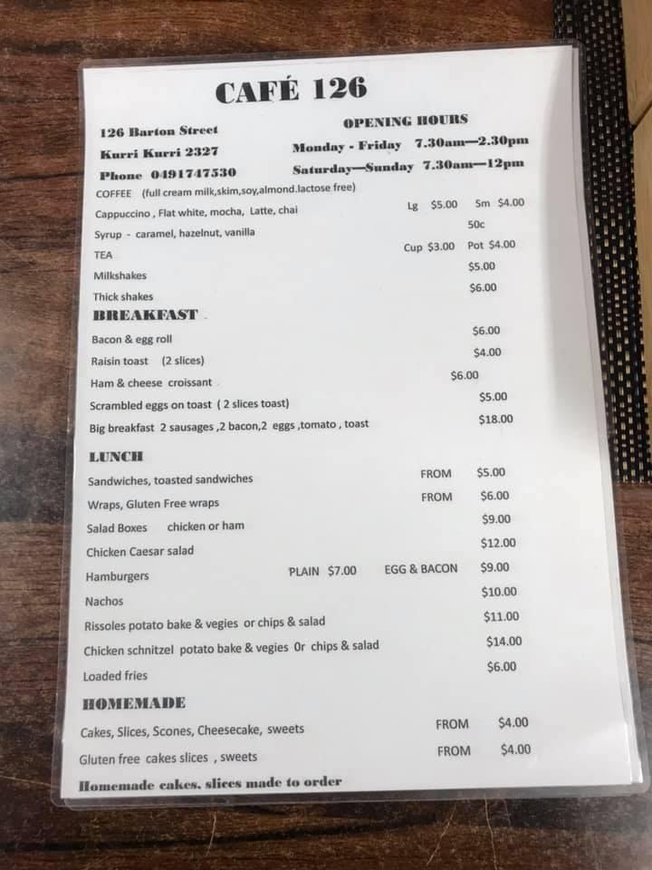 Menu at Cafe 126, Kurri Kurri