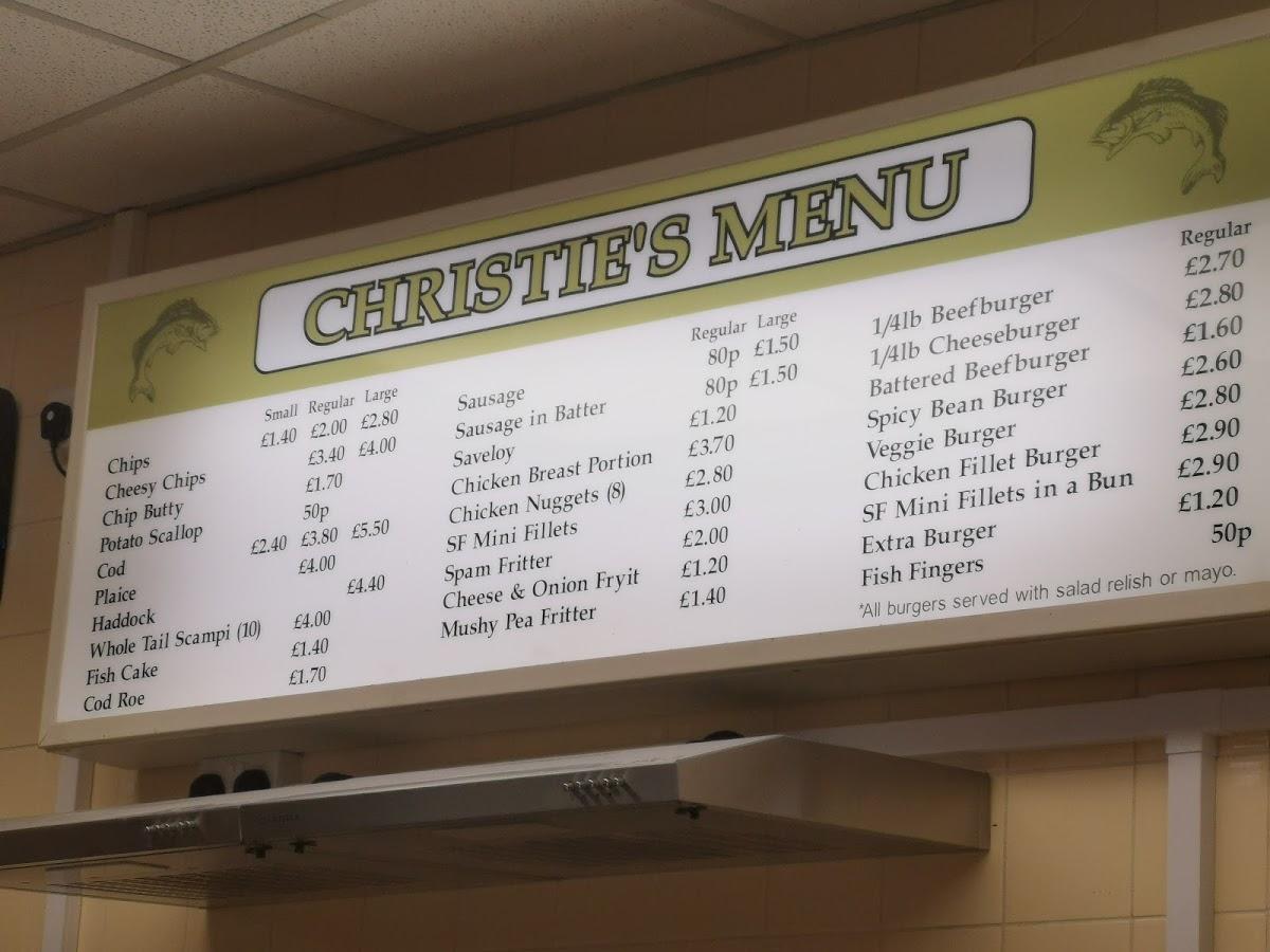 Menu at Christies Fish & Chips restaurant, Torquay