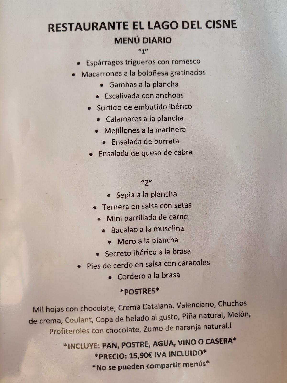 Carta de Restaurante El Llac del Cisne, Caldas de Malavella