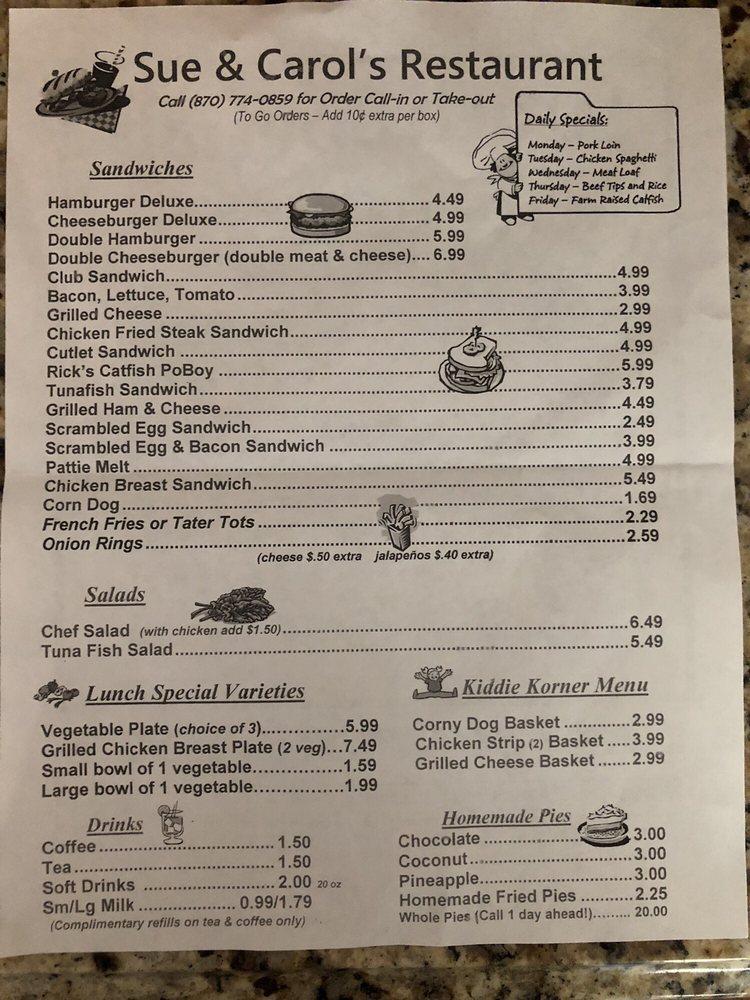 Menu at Sue N' Carol's Kitchen restaurant, Texarkana, 938 N State Line Ave