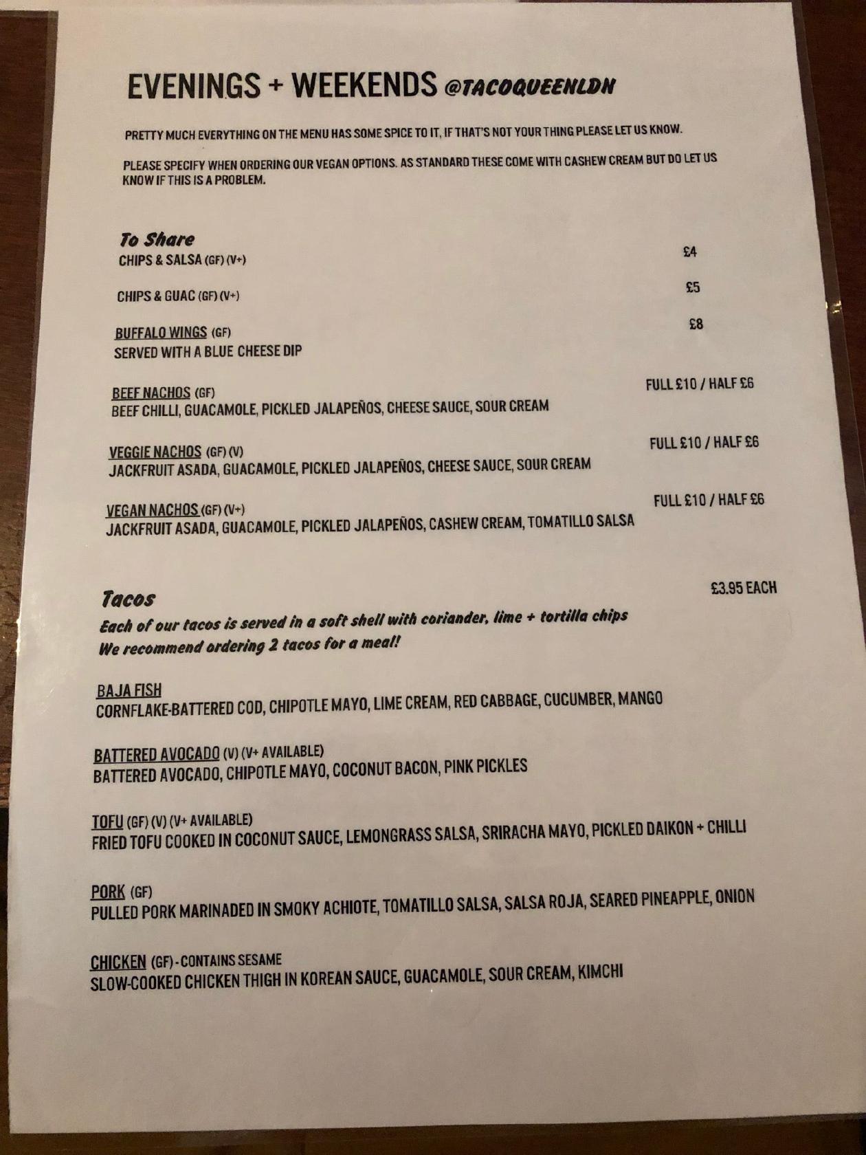 Menu at Taco Queen restaurant, London