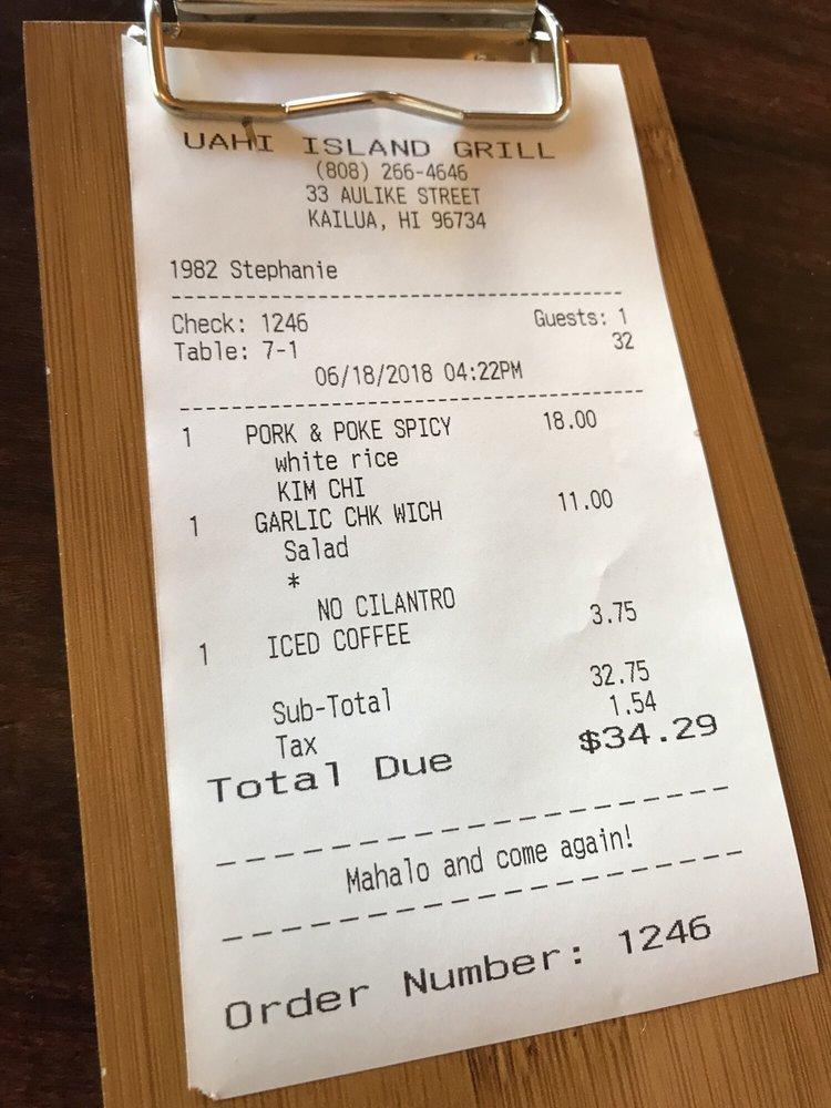 Menu at Uahi Island Grill restaurant, Kailua, 33 Aulike St