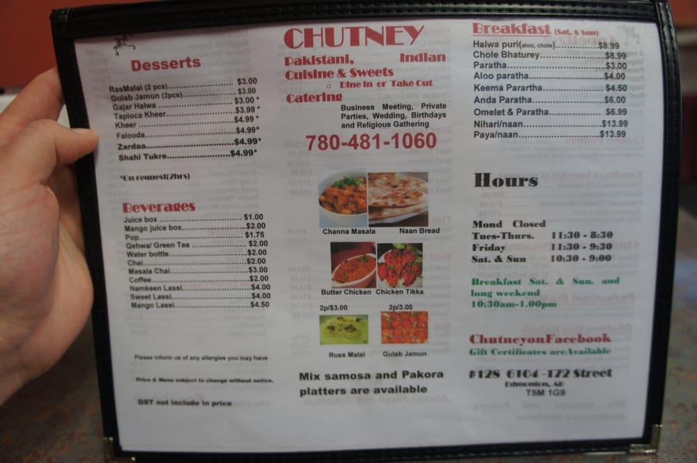 Menu at Chutney ( West ) Restaurant, Edmonton