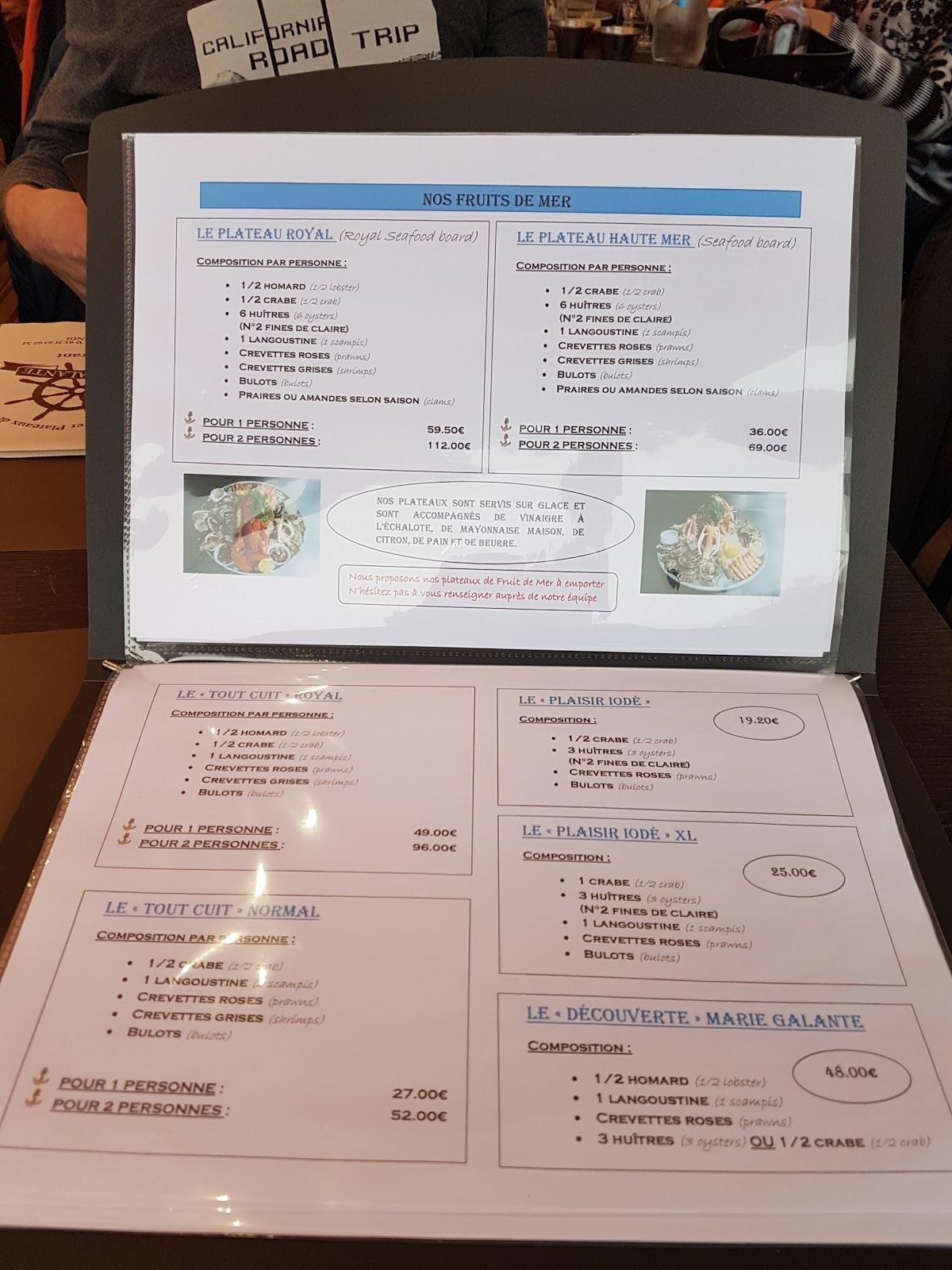 Menu au La Marie Galante restaurant, Audresselles