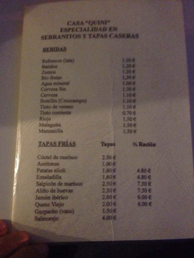 Carta Restaurante Casa Quini, Camas
