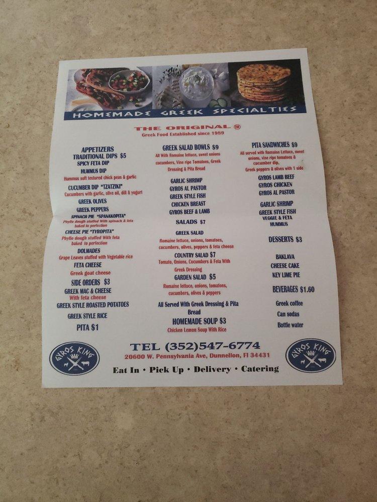 Menu at Gyros king grill restaurant, Dunnellon