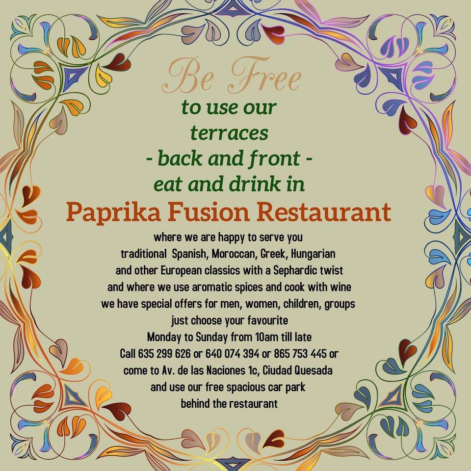Menu at Paprika Fusion Restaurant, Rojales, Av. de las Naciones.1C