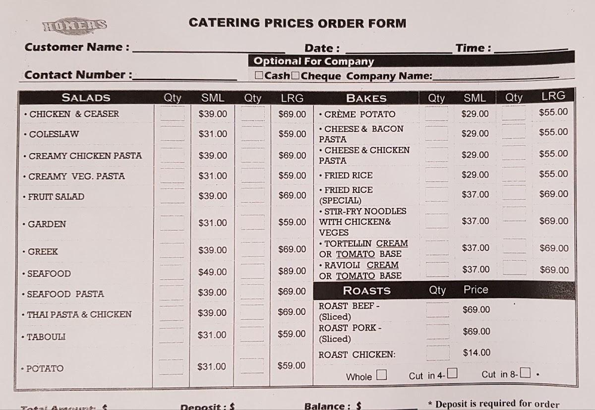 Menu at Homers Quakers Hill fast food, Quakers Hill