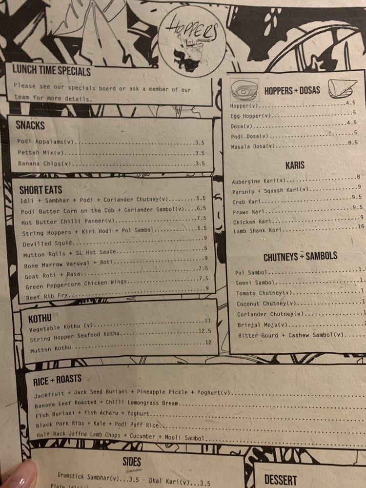 Menu at Hoppers restaurant, London, 77 Wigmore St
