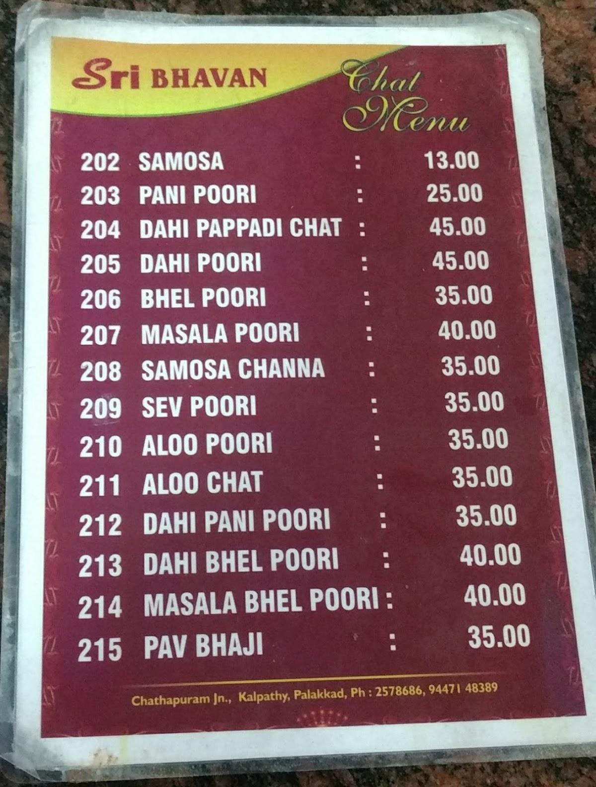 Menu At Hotel Sri Bhavan Restaurant, Palakkad