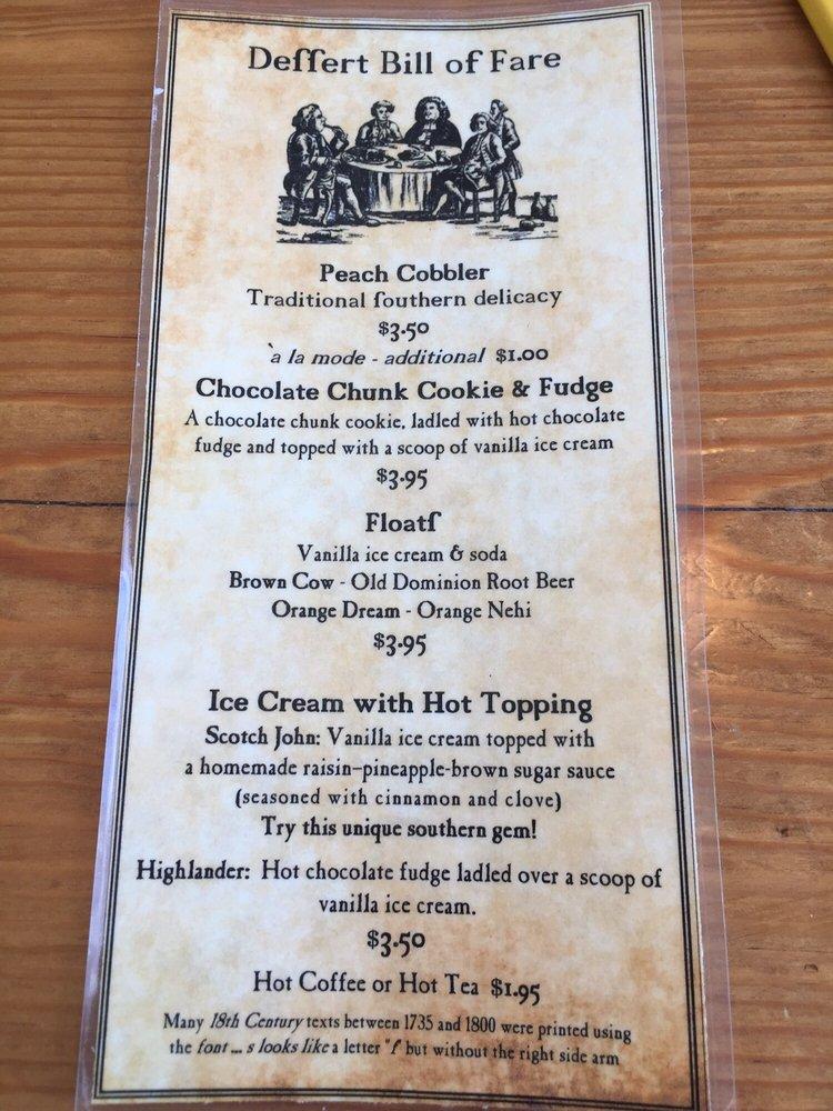 Menu at Michie Tavern ca. 1784 restaurant, Charlottesville