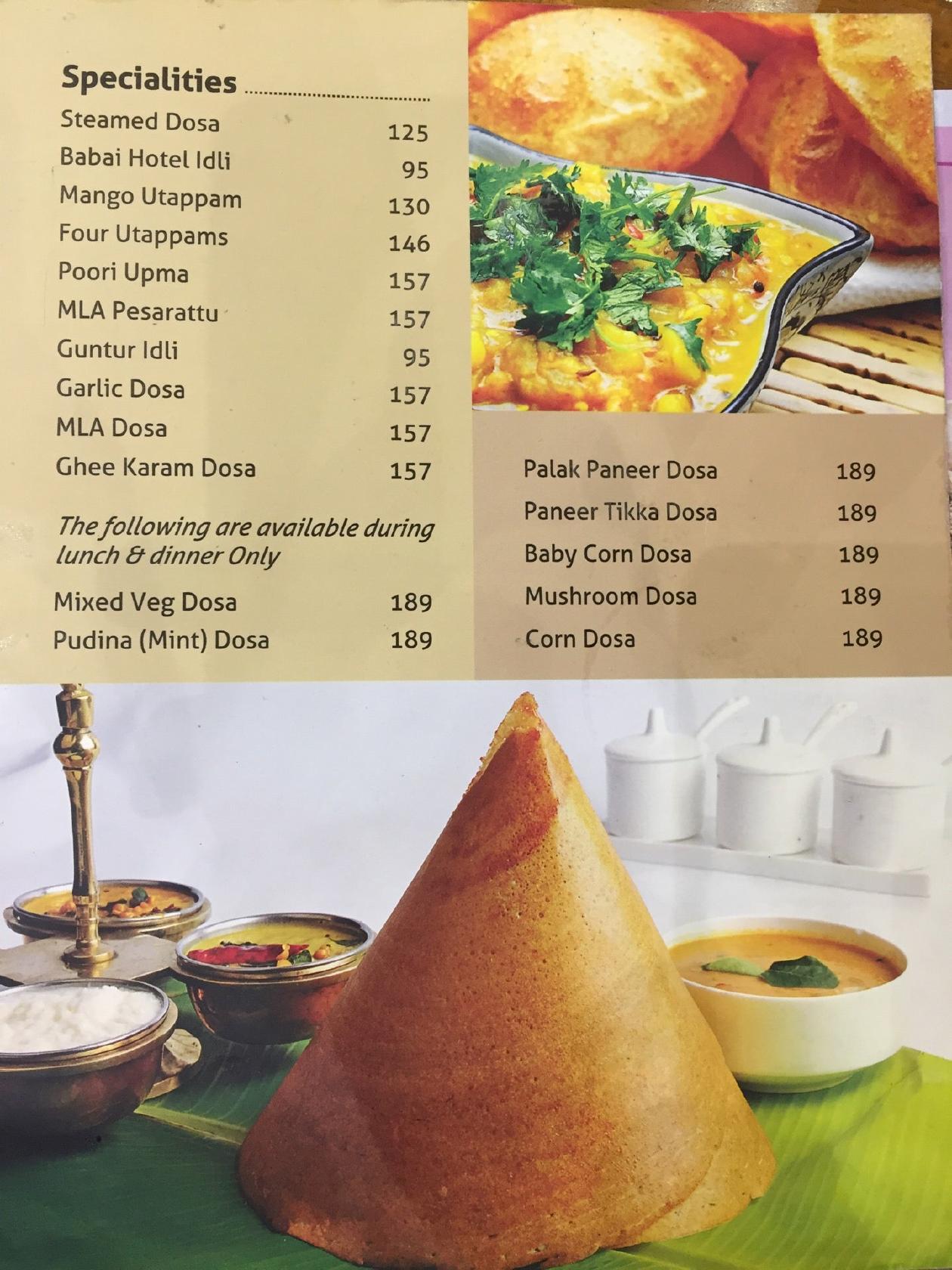 Menu at Chutneys, Hyderabad, Hitech City