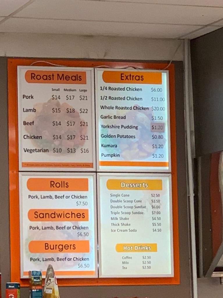 Menu at Sunday Roast fast food, Palmerston North