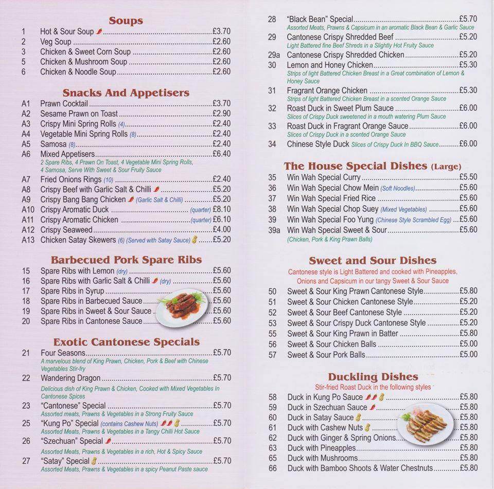 Menu at Win Wah House fast food, Bedworth