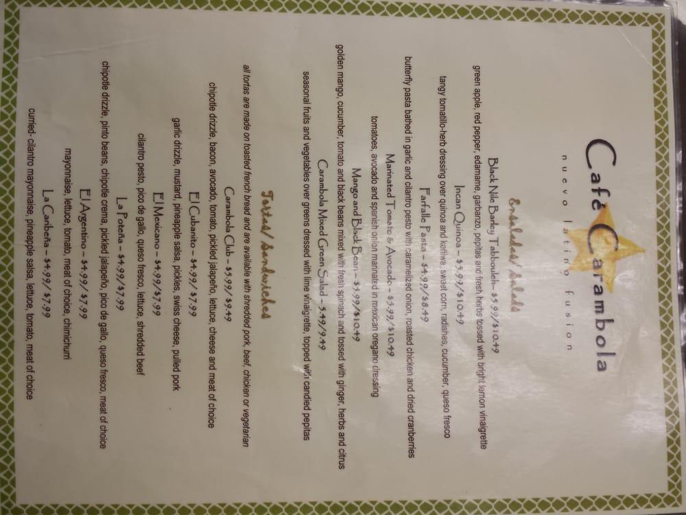 Menu at Café Carambola restaurant, Coeur d'Alene