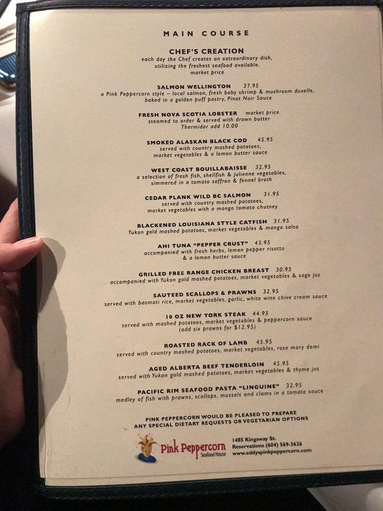 Menu at Pink Peppercorn Seafood House restaurant, Vancouver