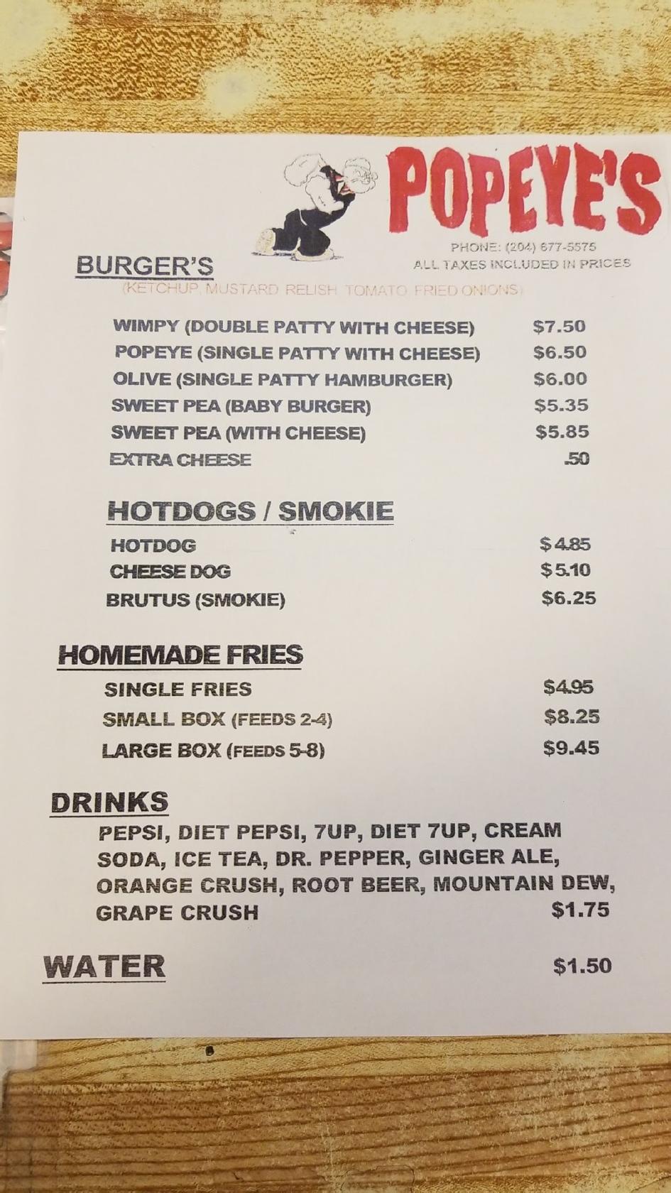 Menu at Popeye's restaurant, Thompson, 300 Mystery Lake Rd