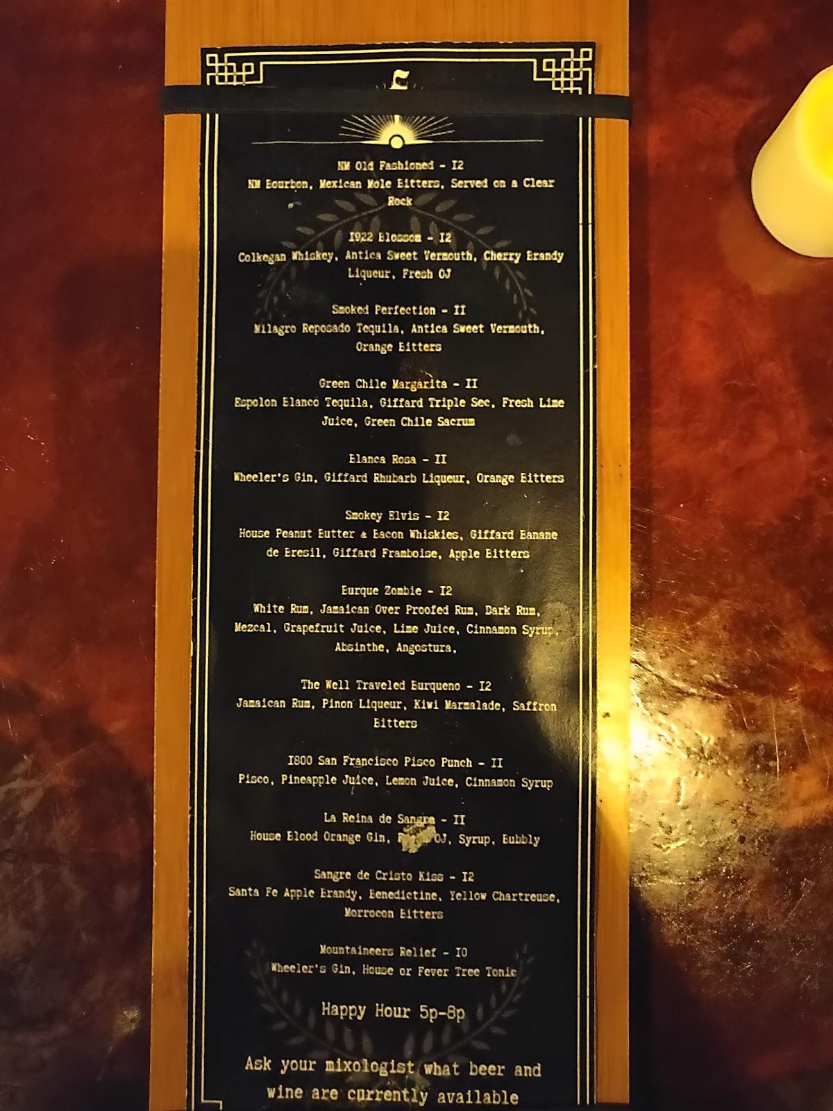 Menu at Founders Speakeasy pub & bar, Albuquerque