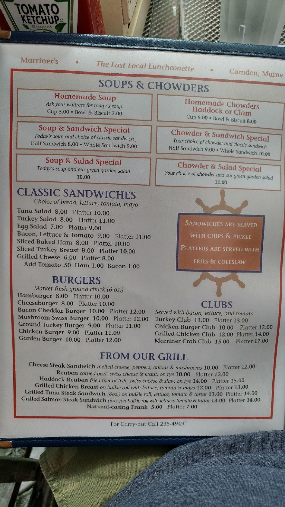 Menu at Marriner’s Restaurant, Camden