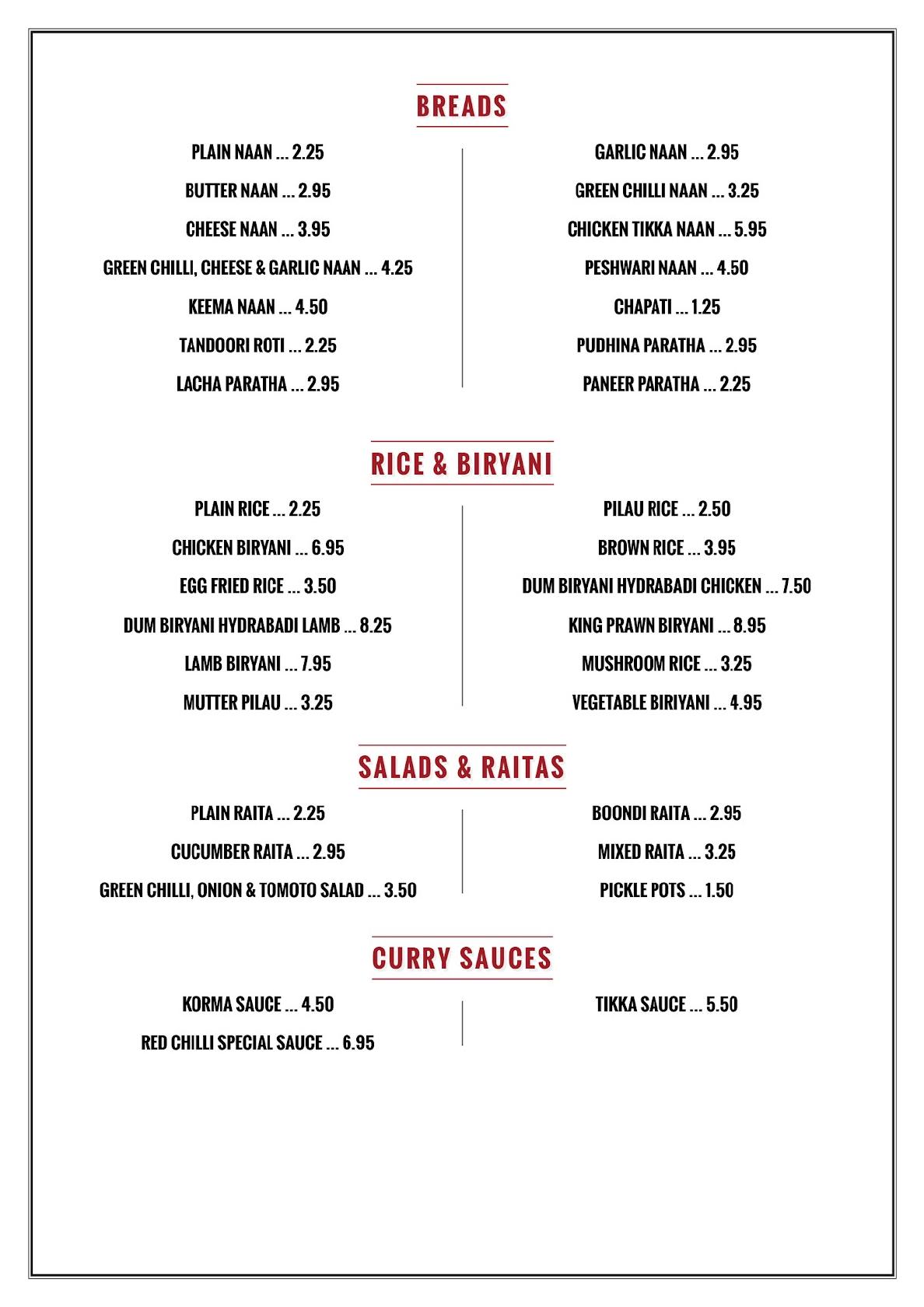 Menu at Red Chilli Indian Restaurant & Tapas Bar, Gibraltar