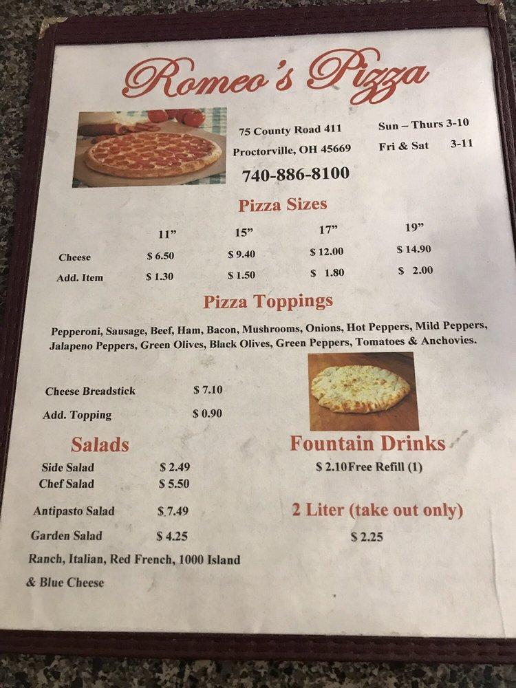 Menu at Romeo's Pizza pizzeria, Proctorville