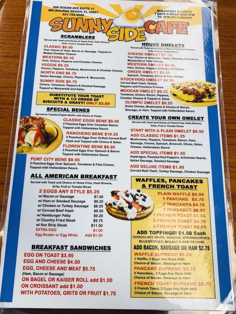 Carta de Sunnyside Cafe, Melbourne Beach