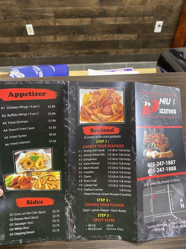 Menu at Niu boiling seafood restaurant, Oxnard