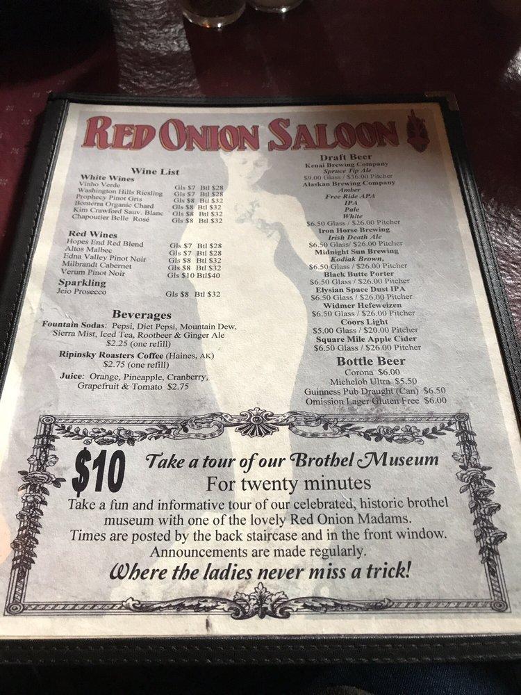 Menu at Red Onion Saloon pub & bar, Skagway, 201 Broadway