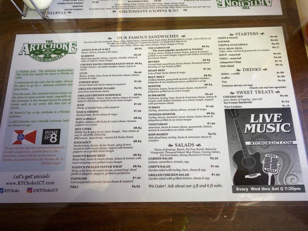Menu at Artichoke Sandwichbar, Wichita