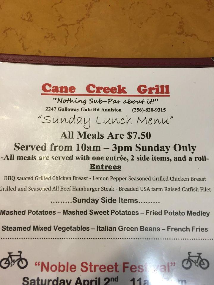 Menu at Cane Creek Grill restaurant, Anniston, 66 Galloway Gate Rd