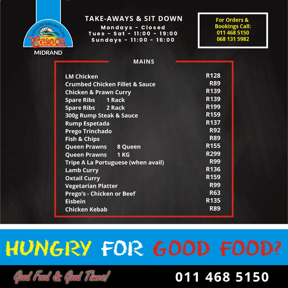Menu at Cesco's Midrand, Carlswald restaurant, Midrand, 139 Seventh Rd