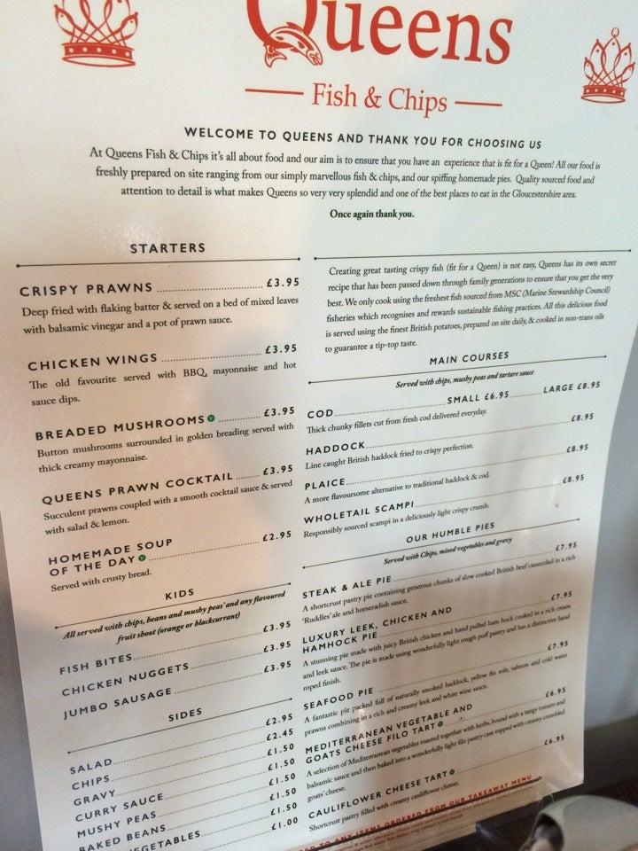 Menu at Queen's Fish & Chips restaurant, Gloucester