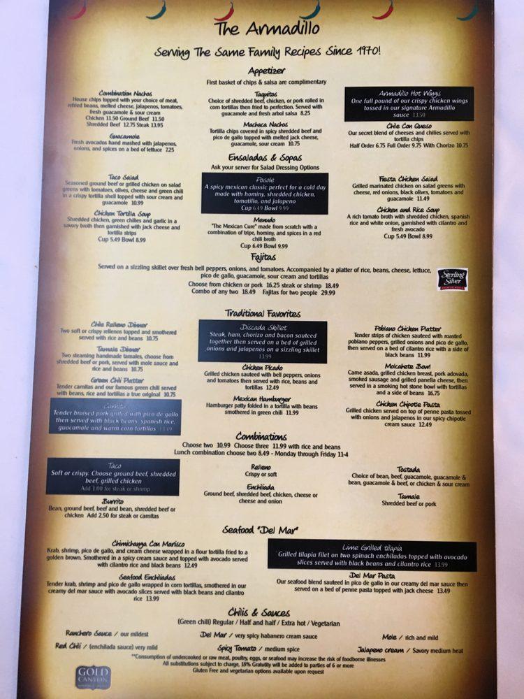 Menu at Armadillo restaurant, Aurora, E Mississippi Ave